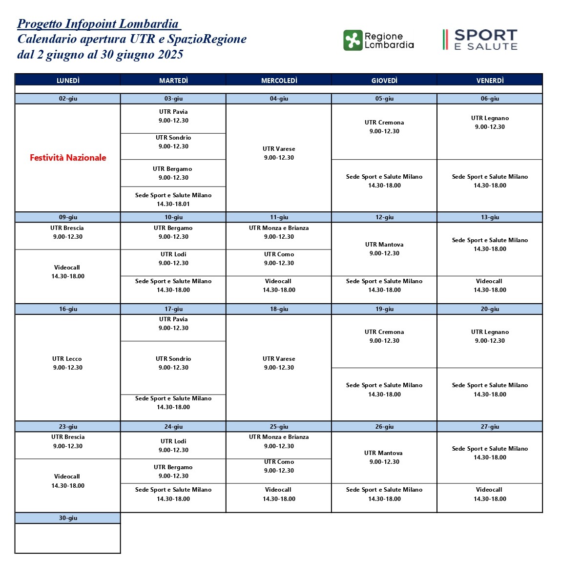 Calendario giugno 2025 - Incontri in presenza e video call online