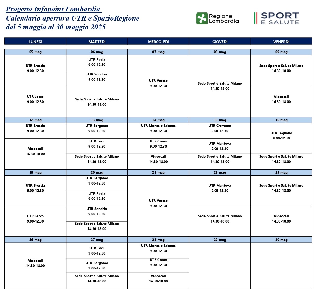 Calendario maggio 2025 - Incontri in presenza e video call online